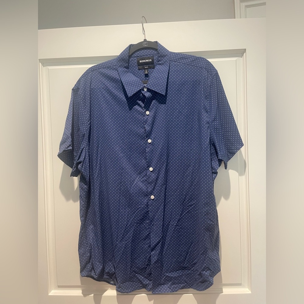 Bonobos Men’s Buttom Up Short Sleeve - Blue/White - Size XXL Slim Fit